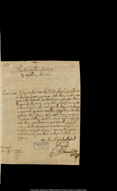 Lettre de Mikolaj Hieronim Sieniawski à Jan Heweliusz, Varsovie, 13 avril 1683