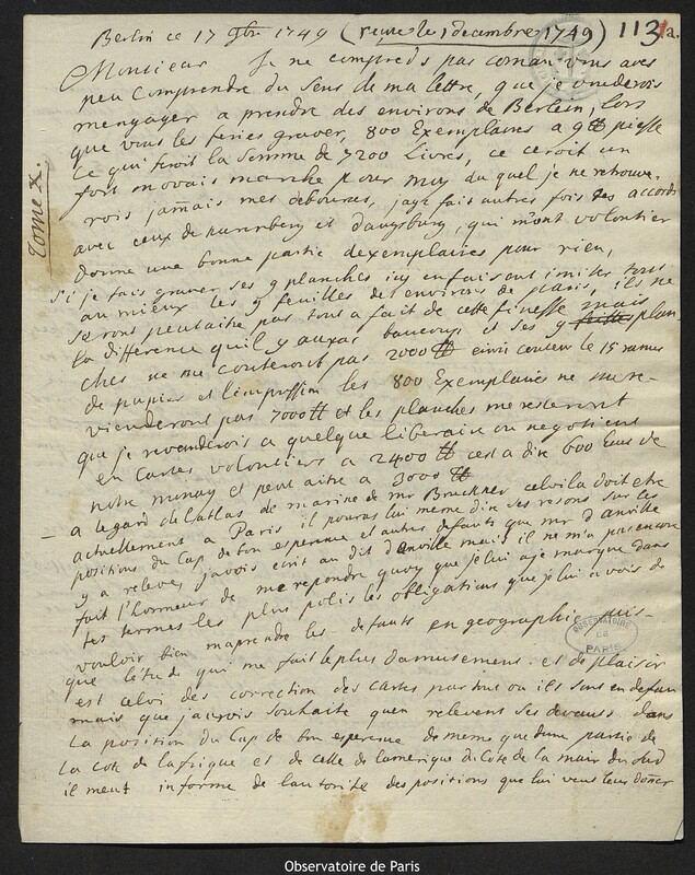 Lettre de comte Samuel de Schmettau à Joseph-Nicolas Delisle, Berlin, 17 novembre 1749