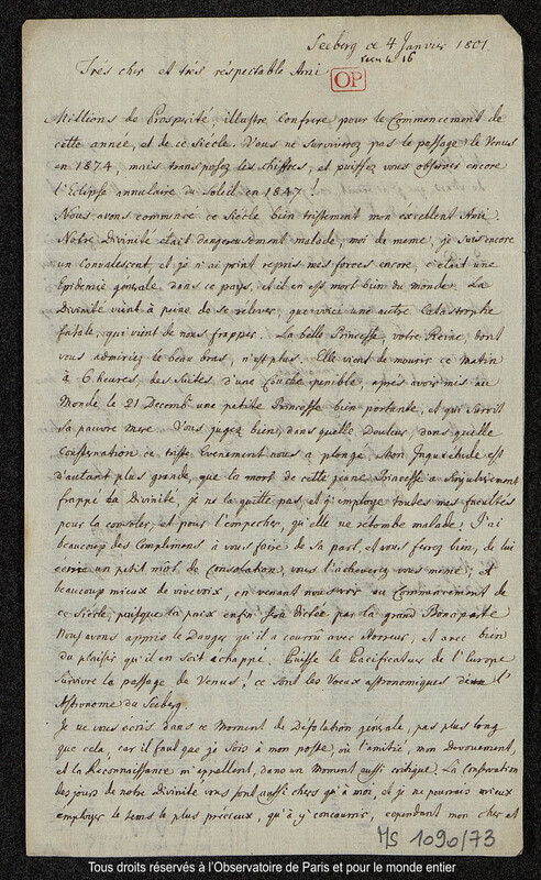 Lettre du baron Franz Xaver von Zach à Joseph Jérôme Le françois de Lalande Seeberg, 4 janvier 1801