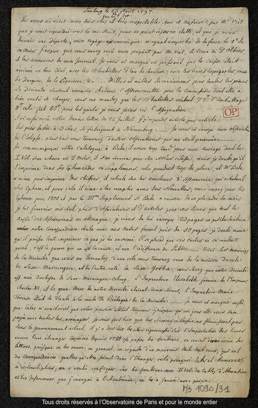 Lettre du baron Franz Xaver von Zach à Joseph Jérôme Le françois de Lalande Seeberg, 23 août 1797