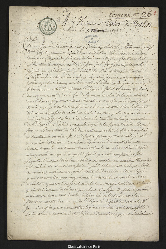 Lettre de Joseph-Nicolas Delisle à Leonhard Euler, Paris, 5 novembre 1748