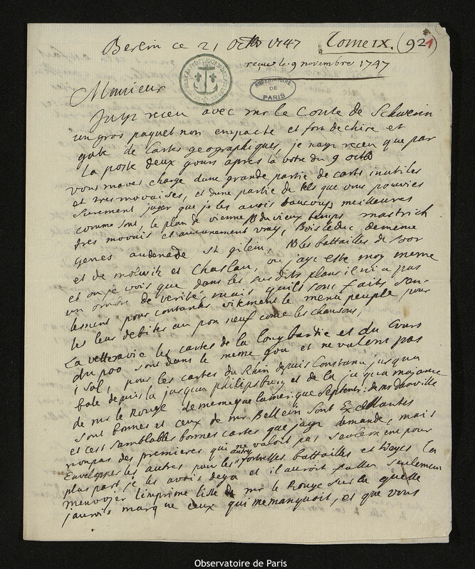 Lettre de comte Samuel de Schmettau à Joseph-Nicolas Delisle, Berlin, 21 octobre 1747