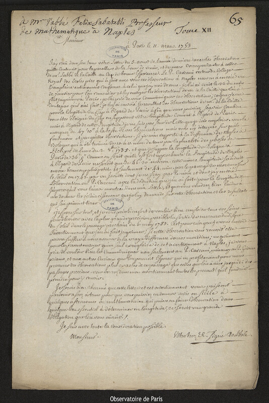 Lettre de Joseph-Nicolas Delisle à Felice Sabatelli, Paris, 11 mars 1753