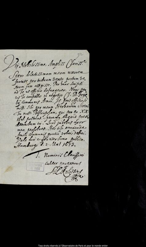 Lettre de Stanislaw Lubieniecki à Jan Heweliusz, Hambourg, 2 mai 1673