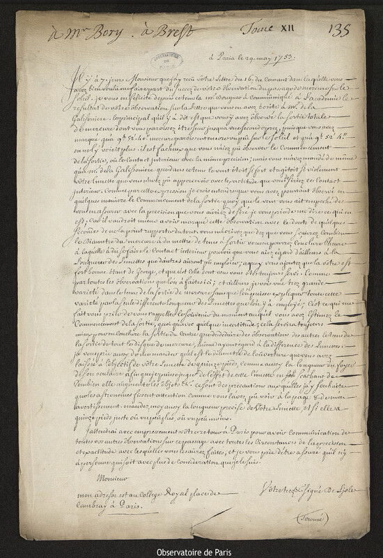 Lettre de Joseph-Nicolas Delisle à Gabriel de Bory, Paris, 29 mai 1753