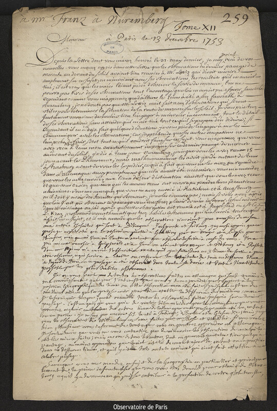 Lettre de Joseph-Nicolas Delisle à Johann Michael Franz, Paris, 13 décembre 1753