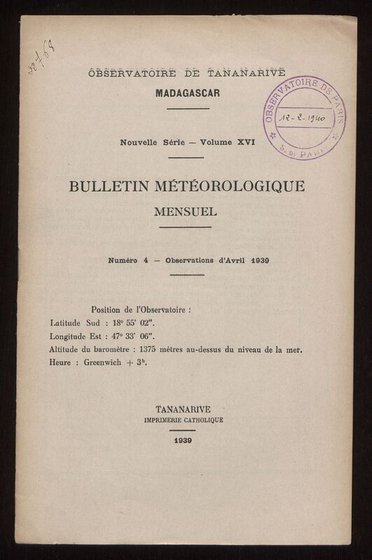 (1939) Bulletin météorologique mensuel de l'Observatoire de Tananarive