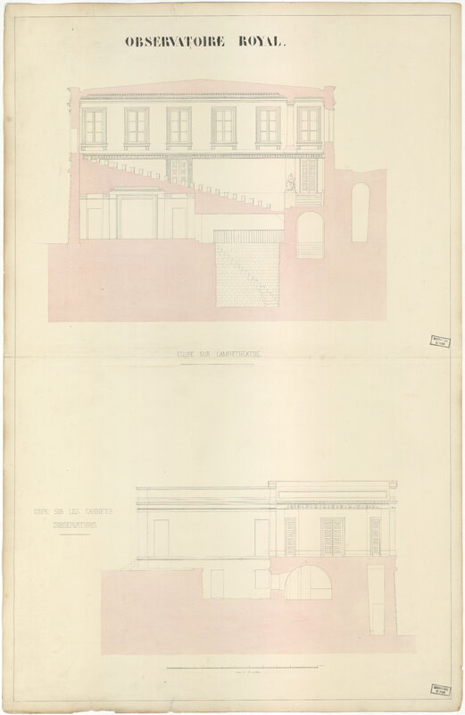 Observatoire royal : Coupe sur l’amphithéâtre ; coupe sur les cabinets d’observations (titre forgé)