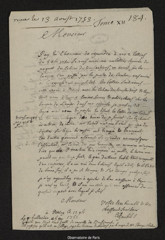 Lettre de Antoine Gaubil à Cromwell Mortimer, Pékin, 12 novembre 1752