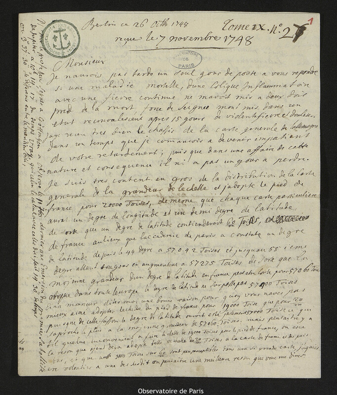 Lettre de comte Samuel de Schmettau à Joseph-Nicolas Delisle, Berlin, 26 octobre 1748