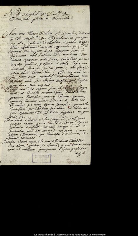 Lettre d'Adam Adamandus Kochanski à Jan Heweliusz, Wroclaw, 5 mars 1678