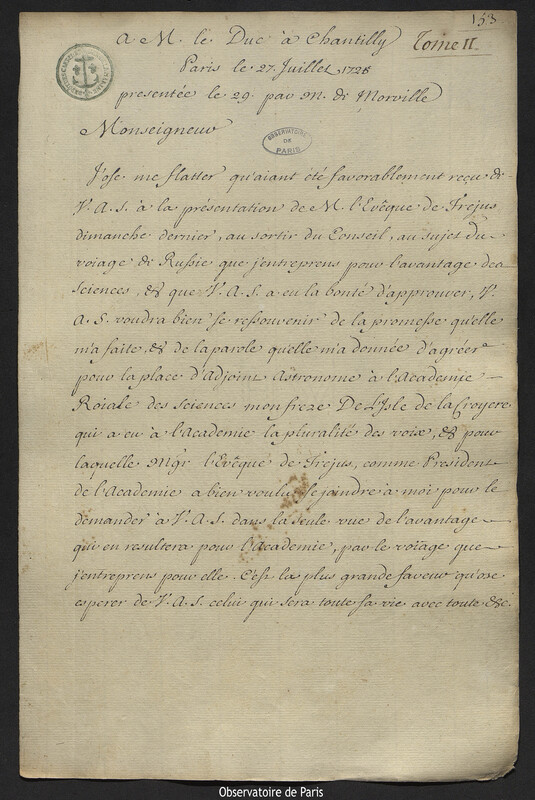 Lettre de Joseph-Nicolas Delisle à Louis-Henri de Bourbon, prince de Condé, Paris, 27 juillet 1725