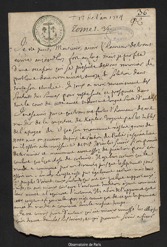 Lettre de Édouard de Vitry à Joseph-Nicolas Delisle, 13 janvier 1714