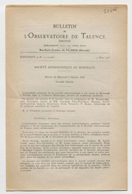 (1938) Bulletin de l'Observatoire de Talence, 3e série