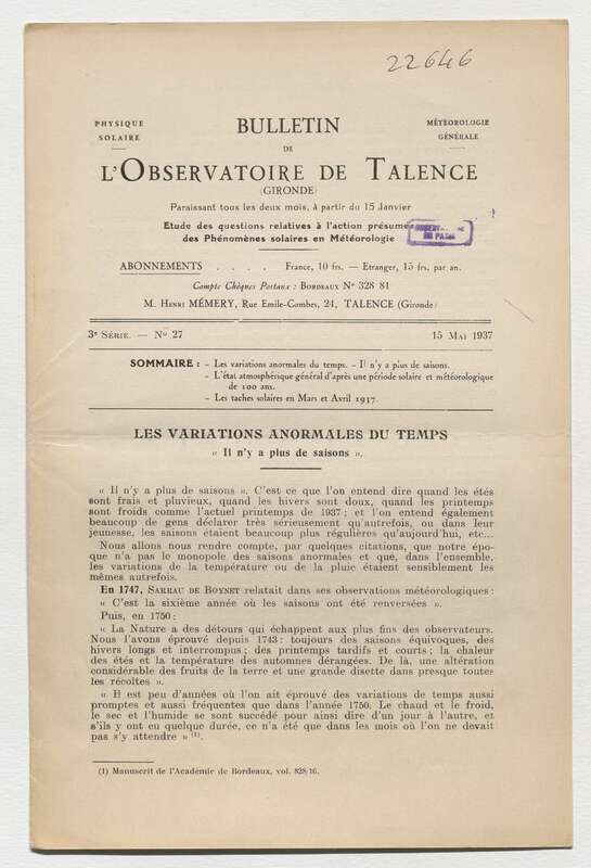 (1937) Bulletin de l'Observatoire de Talence, 3e série