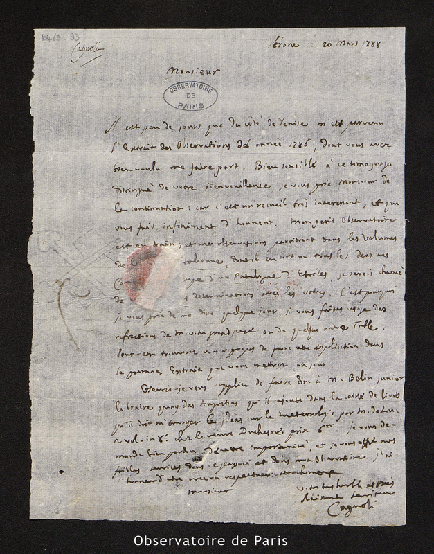 Lettre de Cagnoli à Cassini IV, le 20 mars 1788