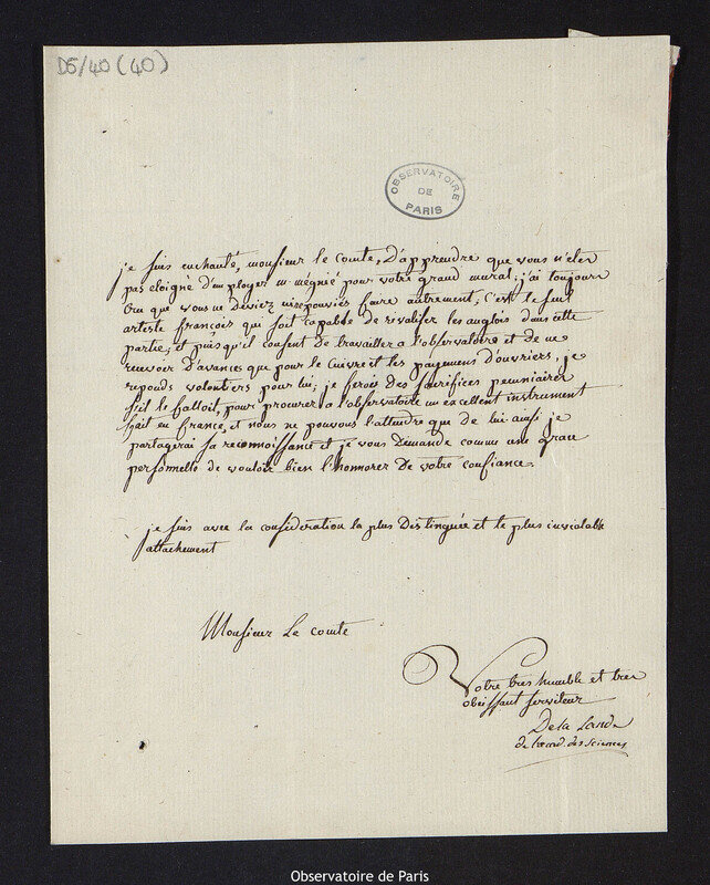 Lettre de Jérôme De la Lande, à Cassini IV, directeur de l'Observatoire, le [23 janvier 1785]