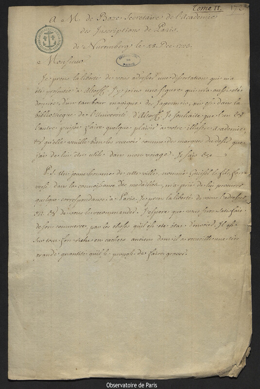 Lettre de Joseph-Nicolas Delisle à Claude Gros de Boze, Nuremberg, décembre 1725