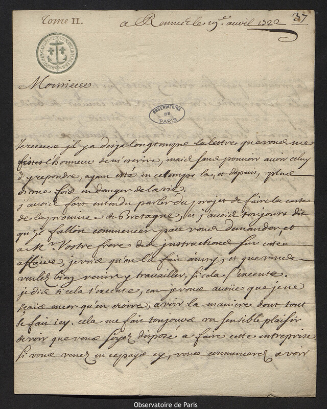 Lettre de Monsieur De Launoy, directeur des postes à Rennes à Joseph-Nicolas Delisle, Rennes, 19 avril 1722