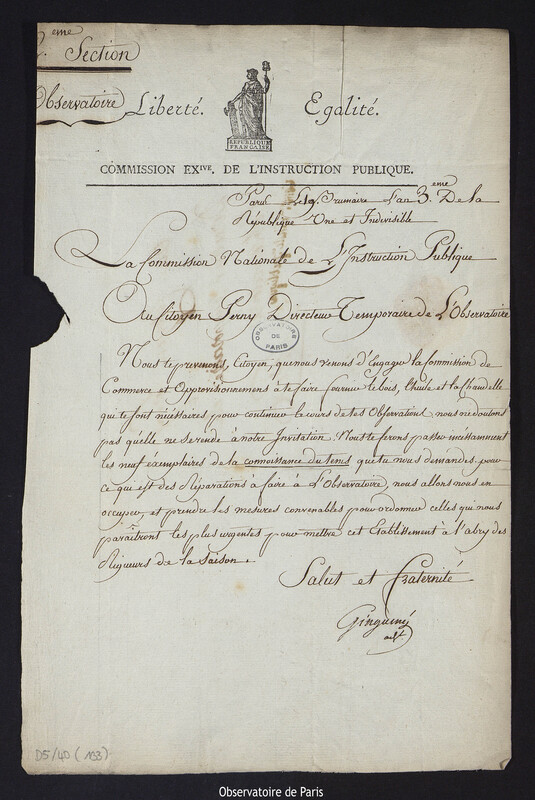 Lettre de M. Ginguené, membre de la Commission Nationale de l'Instruction publique à M.Perny de Villeneuve, directeur temporaire de l'Observatoire de la République, le 9 septembre 1794