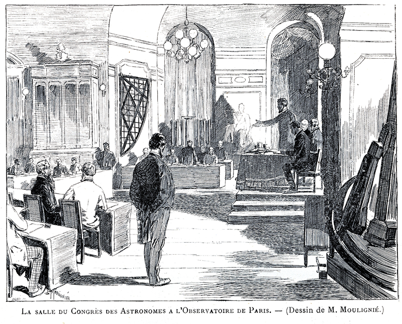 [La salle du congrès des astronomes à l'Observatoire de Paris lors du Congrès international pour l'exécution de la carte photographique du ciel en 1891]