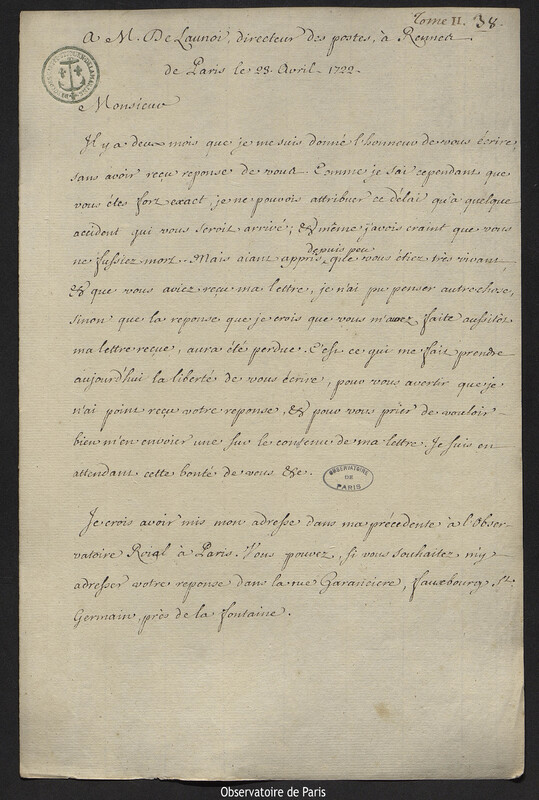 Lettre de Joseph-Nicolas Delisle à Monsieur De Launoy, directeur des postes à Rennes,Paris, 23 avril 1722