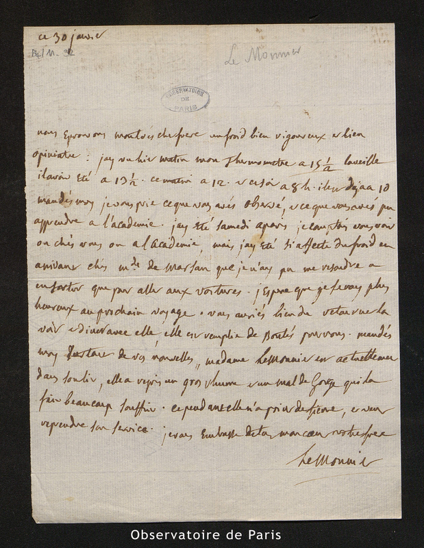 Lettre de Le Monnier (le médecin frère du précédent) à Le Monnier, le 30 janvier