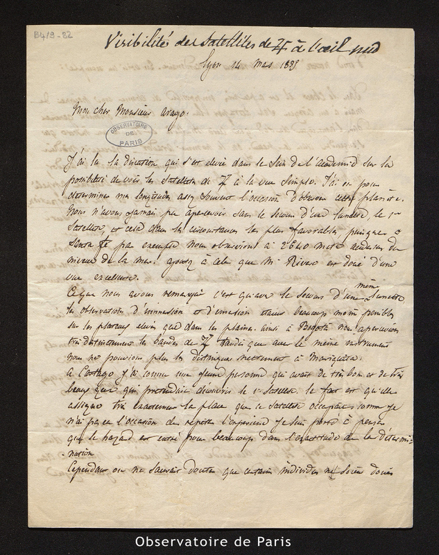 Lettre de Boussingault à François Arago, Lyon le 14 mars 1835