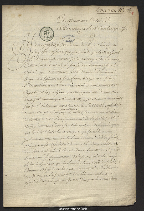 Lettre de Joseph-Nicolas Delisle à Anders Celsius, Saint-Pétersbourg, 18 octobre 1743