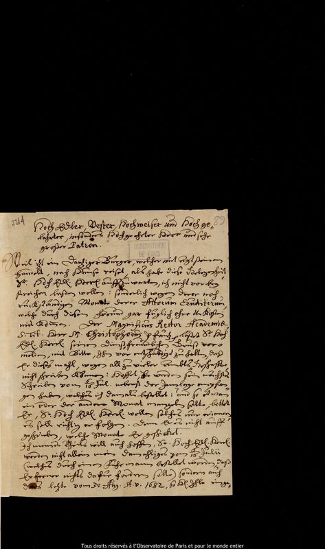 Lettre de Gottfried Kirch à Jan Heweliusz, Leipzig, 9 septembre 1682