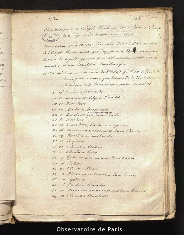 CASSINI II. Observations de l'éclipse totale de Lune faite à Thury le 20 septembre 1736