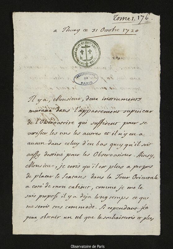 Lettre de Jacques Cassini à Joseph-Nicolas Delisle, Thury-sous-Clermont, 31 octobre 1720