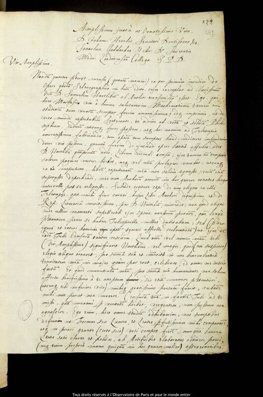 Lettre de Jonathan Goddard à Jan Heweliusz, Londres, 7 mars 1648