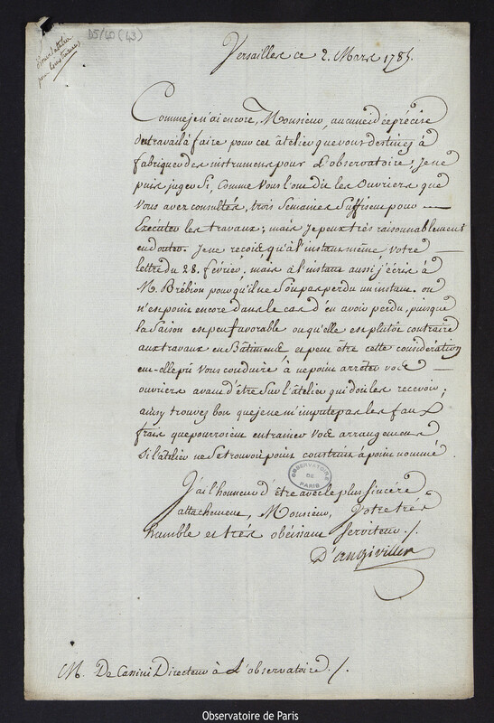 Lettre du comte d'Angiviller à Cassini IV, à Versailles en 2 mars 1785