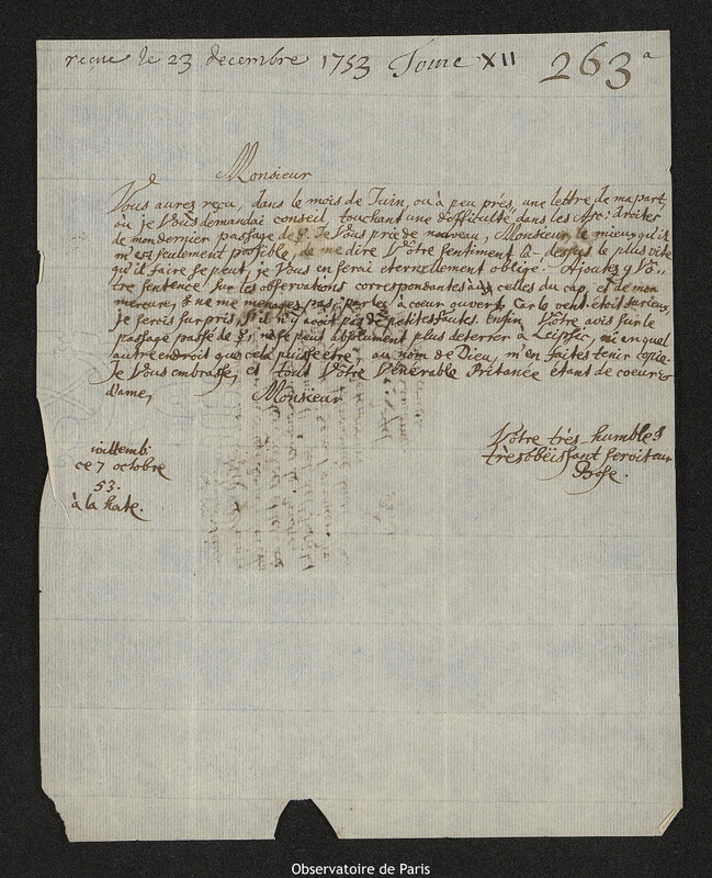 Lettre de Georg Matthias Bose à Joseph-Nicolas Delisle, Wittenberg, 7 octobre 1753