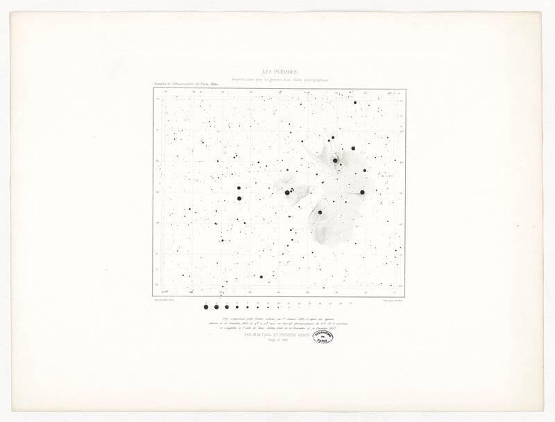 Les Pléiades : carte comprenant 2326 étoiles, réduites au 1er janvier 1886, d’après une épreuve obtenue le 16 novembre 1885… et complétée à l’aide de deux clichés faits les 16 novembre et 14 décembre 1887 par M. M. Paul et Prosper Henry (titre original)