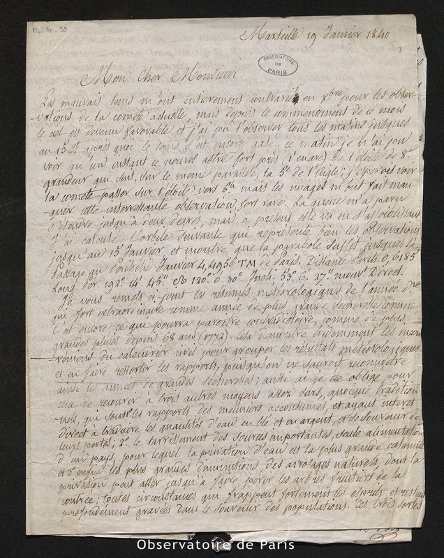 Lettre de Benj. Valz à François Arago, Marseille le 19 janvier 1840