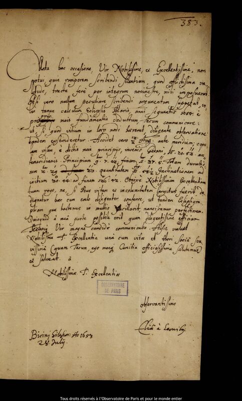 Lettre d'Elias Crätschmair à Jan Heweliusz, Byczyna, 28 juillet 1653