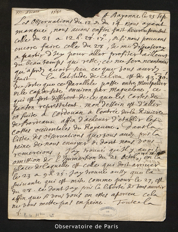 Lettre de Picard à Cassini I, Bayonne le 25 septembre 1680