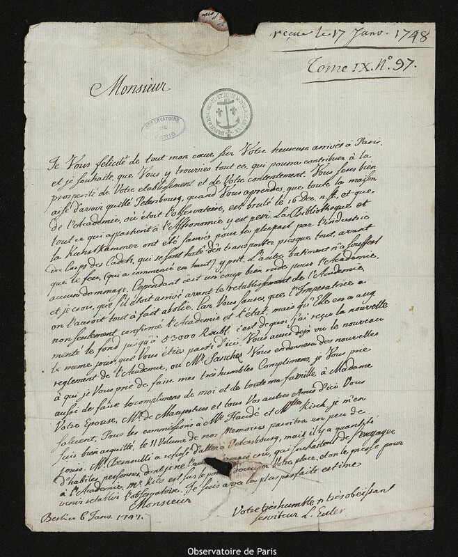 Lettre de Leonhard Euler à Joseph-Nicolas Delisle, Berlin, 6 janvier 1747