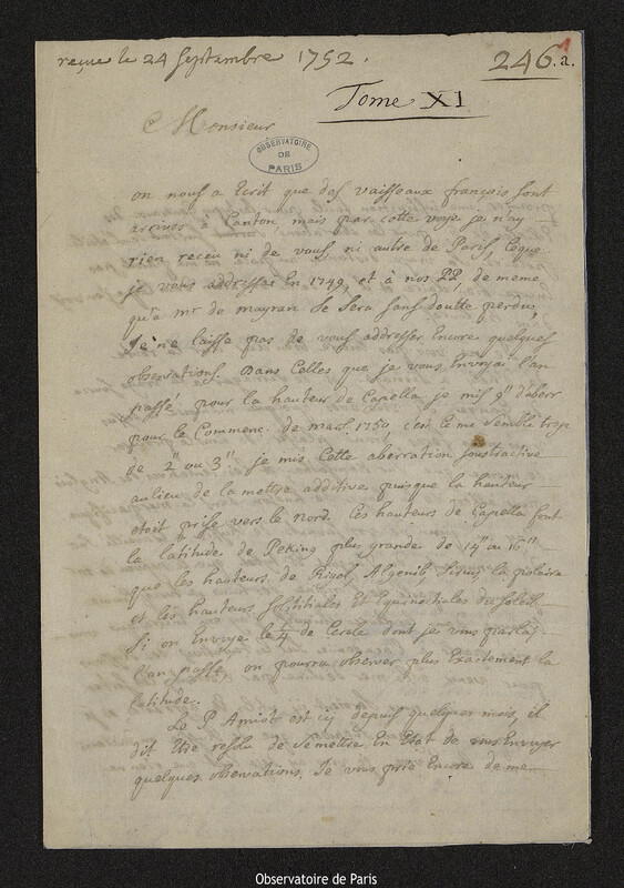 Lettre de Antoine Gaubil à Joseph-Nicolas Delisle, Pékin, 6 novembre 1751