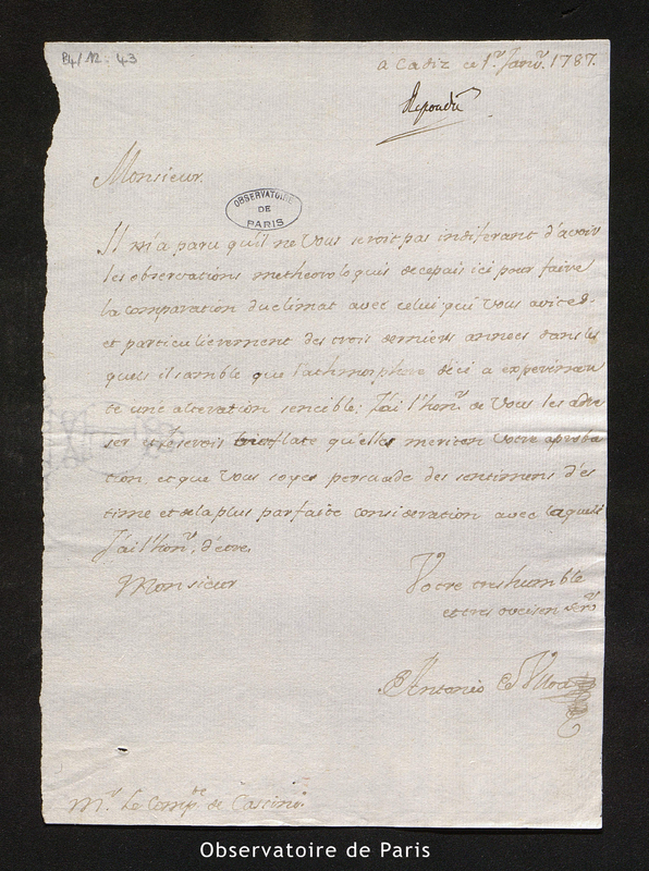 Lettre de Ulloa à Cassini IV, Cadix le 1er janvier 1787`