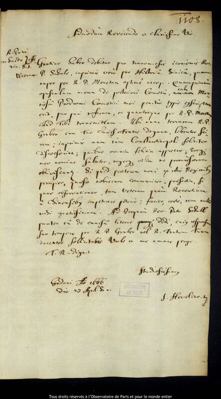 Lettre de Jan Heweliusz à Bernard Zefferin, Gdansk, 23 avril 1666