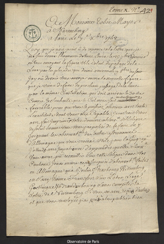 Lettre de Joseph-Nicolas Delisle à Johann Tobias Mayer, Paris, 7 décembre 1748