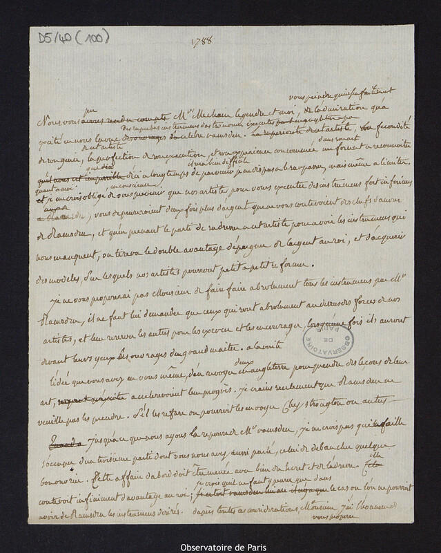 Brouillon de lettre de Cassini IV, directeur de l'Observatoire