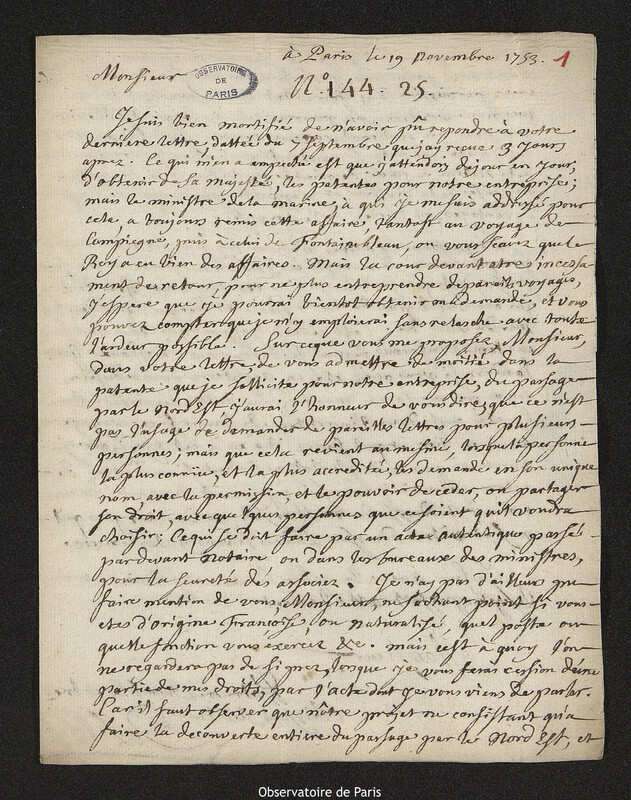 Lettre de Joseph-Nicolas Delisle à Thomas Hayley,Paris, 19 novembre 1753