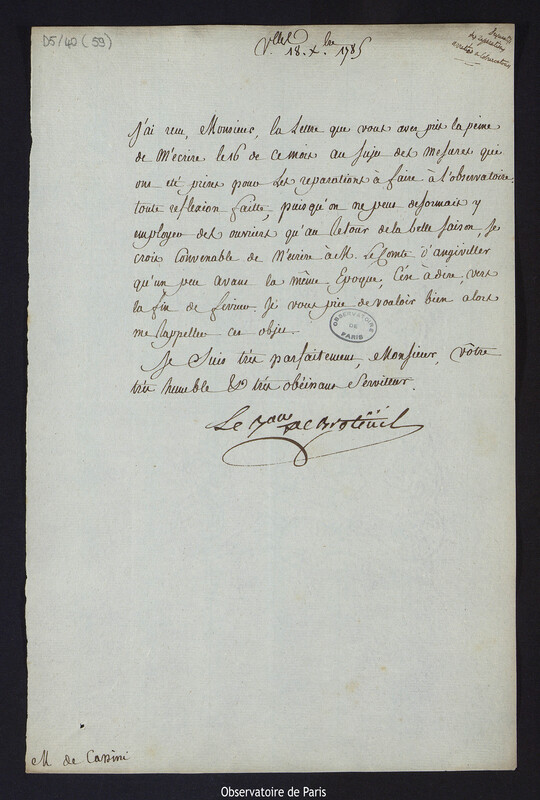 Lettre de Louis Le Tonnelier, baron de Breteuil, à Cassini IV, directeur de l'Observatoire, le 18 décembre 1785