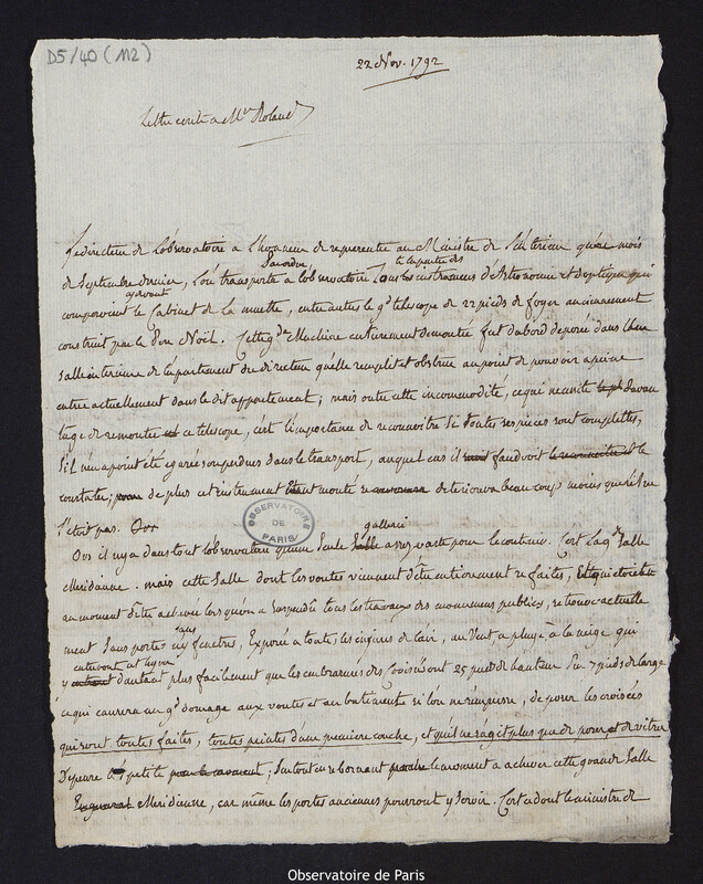 Lettre de Cassini IV à M. Roland, le 22 novembre 1792