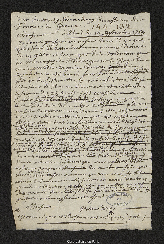 Lettre de Joseph-Nicolas Delisle à Etienne-Jean de Guimard des Rocheretz, baron de Montpéroux, Paris, 10 septembre 1759