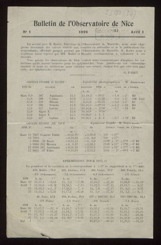 (1926) Bulletin de l'Observatoire de Nice